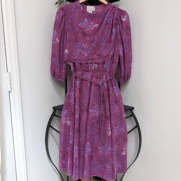 Vintage 70's Purple Flowy Floral Bib Cottage Core Midi Amy-Deb Dress Made in USA - Picture 16 of 16